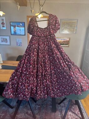 Floral Corduroy Puff Sleeve Maxi Dress in Black & Pink with velvet black trim